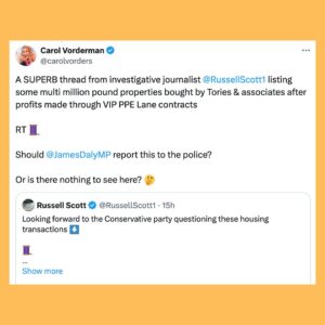 Carol Vorderman Instagram - HOUSES BOUGHT AFTER PPE AND COVID PROFIT

As the Tories and their papers continue to bang on about whether or not Angela Rayner owes £1,500 Capital Gains Tax on a council house she bought in 2007.  James Daly MP has also reported her to the police on allegations he then refuses to name.  Pathetic. 

Russell Scott, an excellent investigative journalist who often works with @goodlawproject took a stroll through the PPE Avenue of houses bought with Covid profits. Let’s look at just some of those properties bought by execs and others who benefited hugely from enormous PPE deals during the pandemic

Pic 2 £7.25 million stately home bought in July 2020 by Zoe Ley who made £20 million profit for brokering a contract alongside a former Tory MP Brooks Newmark

Pic 3 £1.5 million pad bought by Tory donor and former Tory councillor Steve Dechan after he secured a £200  million contract for PPE

Pic 4  The $9.5 million pad bought by Gareth Hales, the founder of Unispace which secured £679 million in PPE deals via the VIP Lane after contacting Michael Gove

Pic 5  The £30 million Caribbean villa bought by owners of the PPE Suppliers Full Support Healthcare after receiving over £1 billion of PPE contracts.

Pic 6  Russell Scott comments

Pic 7  Execs in an American firm which benefited from UK govt Covid deals.  Two new Gulfstream jets bought and two multi million dollar homes.  When the estate agents asked for proof they could buy the homes, one of the execs handed over a bank statement showing a $128 million deposit into the company’s account from the UK government.

Pic 8  The Covid tests supplied but the American firm were then questioned for accuracy.

Pic 9  Exec who supplied unusable PPE bought two mansions

Pic 10.  Chemical Intelligence Ltd had two employees and two years of losses when it landed £126 million contract for PPE.  @opendemocracy found that £27 million of it was deemed ’not fit for use’ by the NHS.  The company’s fortunes were turned around and declared £33 million profit in September 2020.