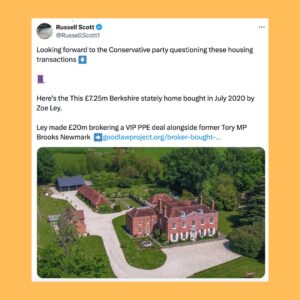 Carol Vorderman Instagram - HOUSES BOUGHT AFTER PPE AND COVID PROFIT

As the Tories and their papers continue to bang on about whether or not Angela Rayner owes £1,500 Capital Gains Tax on a council house she bought in 2007.  James Daly MP has also reported her to the police on allegations he then refuses to name.  Pathetic. 

Russell Scott, an excellent investigative journalist who often works with @goodlawproject took a stroll through the PPE Avenue of houses bought with Covid profits. Let’s look at just some of those properties bought by execs and others who benefited hugely from enormous PPE deals during the pandemic

Pic 2 £7.25 million stately home bought in July 2020 by Zoe Ley who made £20 million profit for brokering a contract alongside a former Tory MP Brooks Newmark

Pic 3 £1.5 million pad bought by Tory donor and former Tory councillor Steve Dechan after he secured a £200  million contract for PPE

Pic 4  The $9.5 million pad bought by Gareth Hales, the founder of Unispace which secured £679 million in PPE deals via the VIP Lane after contacting Michael Gove

Pic 5  The £30 million Caribbean villa bought by owners of the PPE Suppliers Full Support Healthcare after receiving over £1 billion of PPE contracts.

Pic 6  Russell Scott comments

Pic 7  Execs in an American firm which benefited from UK govt Covid deals.  Two new Gulfstream jets bought and two multi million dollar homes.  When the estate agents asked for proof they could buy the homes, one of the execs handed over a bank statement showing a $128 million deposit into the company’s account from the UK government.

Pic 8  The Covid tests supplied but the American firm were then questioned for accuracy.

Pic 9  Exec who supplied unusable PPE bought two mansions

Pic 10.  Chemical Intelligence Ltd had two employees and two years of losses when it landed £126 million contract for PPE.  @opendemocracy found that £27 million of it was deemed ’not fit for use’ by the NHS.  The company’s fortunes were turned around and declared £33 million profit in September 2020.