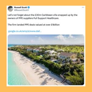 Carol Vorderman Instagram - HOUSES BOUGHT AFTER PPE AND COVID PROFIT

As the Tories and their papers continue to bang on about whether or not Angela Rayner owes £1,500 Capital Gains Tax on a council house she bought in 2007.  James Daly MP has also reported her to the police on allegations he then refuses to name.  Pathetic. 

Russell Scott, an excellent investigative journalist who often works with @goodlawproject took a stroll through the PPE Avenue of houses bought with Covid profits. Let’s look at just some of those properties bought by execs and others who benefited hugely from enormous PPE deals during the pandemic

Pic 2 £7.25 million stately home bought in July 2020 by Zoe Ley who made £20 million profit for brokering a contract alongside a former Tory MP Brooks Newmark

Pic 3 £1.5 million pad bought by Tory donor and former Tory councillor Steve Dechan after he secured a £200  million contract for PPE

Pic 4  The $9.5 million pad bought by Gareth Hales, the founder of Unispace which secured £679 million in PPE deals via the VIP Lane after contacting Michael Gove

Pic 5  The £30 million Caribbean villa bought by owners of the PPE Suppliers Full Support Healthcare after receiving over £1 billion of PPE contracts.

Pic 6  Russell Scott comments

Pic 7  Execs in an American firm which benefited from UK govt Covid deals.  Two new Gulfstream jets bought and two multi million dollar homes.  When the estate agents asked for proof they could buy the homes, one of the execs handed over a bank statement showing a $128 million deposit into the company’s account from the UK government.

Pic 8  The Covid tests supplied but the American firm were then questioned for accuracy.

Pic 9  Exec who supplied unusable PPE bought two mansions

Pic 10.  Chemical Intelligence Ltd had two employees and two years of losses when it landed £126 million contract for PPE.  @opendemocracy found that £27 million of it was deemed ’not fit for use’ by the NHS.  The company’s fortunes were turned around and declared £33 million profit in September 2020.