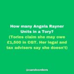 Carol Vorderman Instagram - How many Angela Rayner Units in a Tory? One Angela Rayner unit relates to what the Tories claim she may owe in Capital Gains Tax on a house she bought in 2007. Her legal and tax advisers say she doesn't. That hasn't stopped the Tory press banging on about it tho. With Tory hypocrisy reaching explosive levels, I thought it would be a good exercise to see how this claim of theirs relates to just some of their waste, fines and dodgy dealings. £7,897 Boris Johnson booze bill for his Brexit party Jan 31st 2020 5 #AngelaRayners £15,000 Liz Truss in-flight catering on one private jet single trip to Australia 10 #AngelaRayners £34,000 Libel Bill - Michelle Donelan got us to pay after she libelled an academic 23 #AngelaRayners £61,000 fine for Vote Leave breaking Electoral Law. MD Matthew Elliott given a peerage 41 #AngelaRayners £67,801 illegal donation (broke Electoral Law) for Boris Johnson’s flat refurbishment 45 #AngelaRayners £334,803 spent by Foreign Office in 2021 on alcohol alone 223 #AngelaRayners £370,000 paid out for Priti Patel bullying Philip Rutnam. She bullied. We paid. 247 #AngelaRayners £993,086 severance payouts to Tory ministers during Johnson/Truss debacle Some had only been in office a matter of days or weeks but were due taxpayer funded payouts anyway 662 #AngelaRayners £2,000,000 for 8 by-elections caused by Tories bad behaviour/quit under Rishi Sunak 1,333 #AngelaRayners £40,000,000 VIP helicopter contract which Ben Wallace was cancelling. Sunak intervened and kept it 26,667 #AngelaRayners £65 million PPE estimated profit for Michelle Mone and husband under investigation by the National Crime Agency 43,333 #AngelaRayners £4 BILLION wasted on unusable PPE 2,666,667 #AngelaRayners @carolvorders (all numbers rounded)