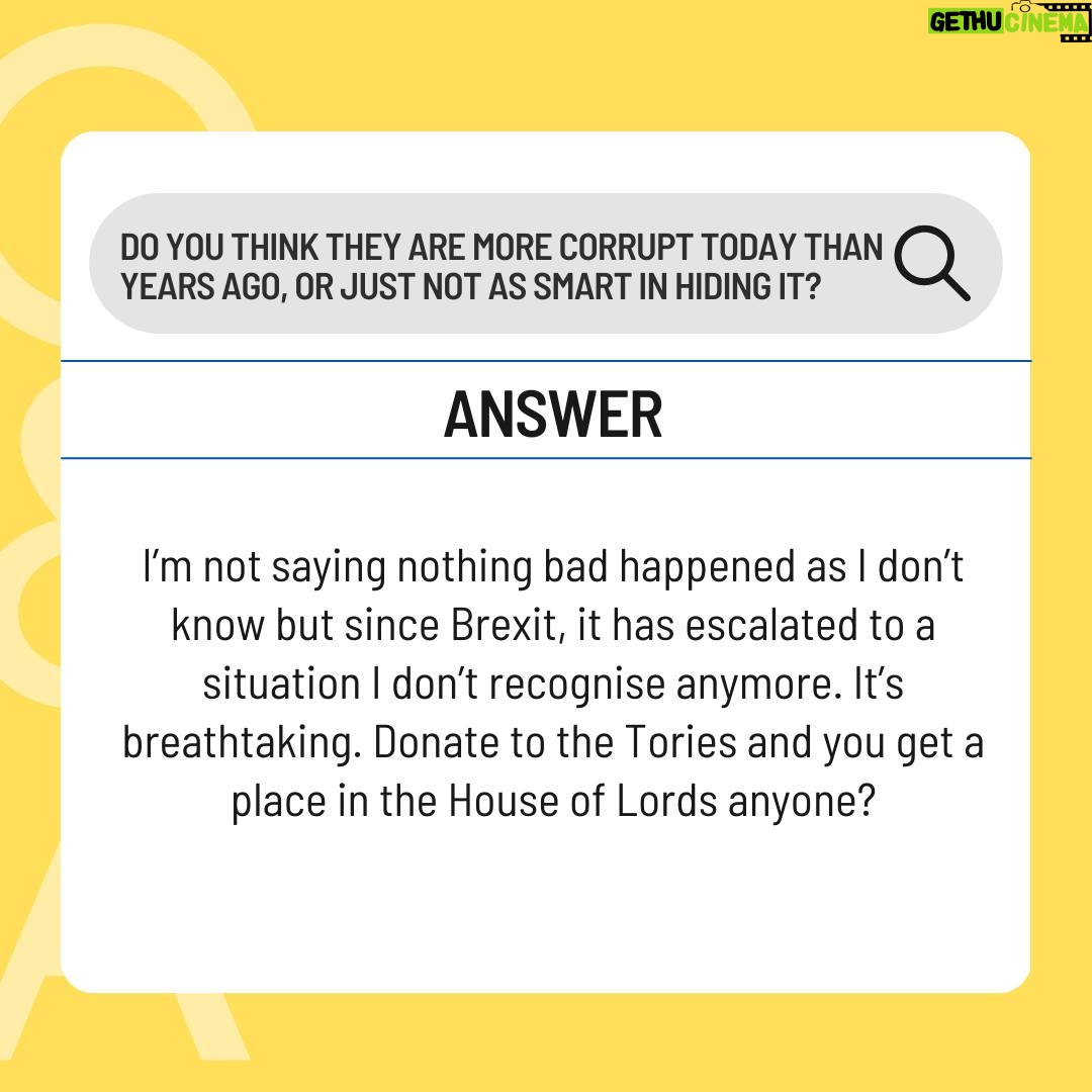 Carol Vorderman Instagram - ANSWERING YOUR POLITICAL QUESTIONS PART 2 Is there any way we can lower taxes and still have decent public services? The Tories have effectively privatised all the things I grew up with which were nationalised back then so profits went back to the govt. Their final hurrah is to effectively privatise the NHS so that money going into the NHS becomes profit for a lot of their Tory party donors’ companies. Take that profit away and everything will cost less and hopefully run better. Decades ago we were sold the lie that everything going through a private company will be more efficient and cheaper than if it was run publicly. We’ve learned (water gas electricity… everything) otherwise haven’t we? Do you think Michael Gove's failure to notify financial interests is a breach? Yes I do. He received tickets for a football game from David Meller and didn’t declare them which in itself sounds like nothing. But then when you hear that David Meller (a tory donor and sponsor of Gove for leader) had a company called Meller Designs, a fashion company with no experience of PPE which then received VIP Lane contracts of £160 million during Covid after being referred by Michael Gove, then the penny starts to drop about conflicts of interest? Do you think they are more corrupt today than years ago, or just not as smart in hiding it? I believe that the system has never been more corrupt than since the Brexit vote. Corruption wasn’t something which was even thought about when I was young and most of our infrastructure was owned by us, it was nationalised. Nearly everything was nationalised. So there wasn’t room for private profiteering off govt contracts. I’m not saying nothing bad happened as I don’t know but since Brexit it has escalated to a situation I don’t recognise anymore. It’s breathtaking. Donate to the Tories and you get a place in the House of Lords anyone?