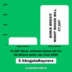 Carol Vorderman Instagram – How many Angela Rayner Units in a Tory?
One Angela Rayner unit relates to what the Tories claim she may owe in Capital Gains Tax on a house she bought in 2007. Her legal and tax advisers say she doesn’t.  That hasn’t stopped the Tory press banging on about it tho.

With Tory hypocrisy reaching explosive levels, I thought it would be a good exercise to see how this claim of theirs relates to just some of their waste, fines and dodgy dealings. 

£7,897 Boris Johnson booze bill for his Brexit party Jan 31st 2020
5 #AngelaRayners

£15,000 Liz Truss in-flight catering on one private jet single trip to Australia 
10 #AngelaRayners 

£34,000 Libel Bill – Michelle Donelan got us to pay after she libelled an academic 
23 #AngelaRayners

£61,000 fine for Vote Leave breaking Electoral Law. MD Matthew Elliott given a peerage 
41 #AngelaRayners

£67,801 illegal donation (broke Electoral Law) for Boris Johnson’s flat refurbishment
45 #AngelaRayners

£334,803 spent by Foreign Office in 2021 on alcohol alone 
223 #AngelaRayners 

£370,000 paid out for Priti Patel bullying Philip Rutnam. She bullied. We paid.
247 #AngelaRayners 

£993,086 severance payouts to Tory ministers during Johnson/Truss debacle 
Some had only been in office a matter of days or weeks but were due taxpayer funded payouts anyway 
662 #AngelaRayners 

£2,000,000 for 8 by-elections caused by Tories bad behaviour/quit under Rishi Sunak 
1,333 #AngelaRayners

£40,000,000 VIP helicopter contract which Ben Wallace was cancelling. Sunak intervened and kept it 
26,667 #AngelaRayners

£65 million PPE estimated profit for Michelle Mone and husband under investigation by the National Crime Agency 
43,333 #AngelaRayners 

£4 BILLION wasted on unusable  PPE 
2,666,667 #AngelaRayners 

@carolvorders (all numbers rounded)