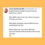 Carol Vorderman Instagram - JUST ONE DAY IN THE SEWAGE OF TORY LAND 🔹Sunak’s new Honours list gives awards to Tories unsurprisingly including a Knighthood to a man who’s given £5m to the Tory party. Often a major Tory donor is given a peerage and goes straight into the House of Lords. Only a knighthood this time, must be the effect of inflation? 🔹Tories have been attempting to smear Angela Rayner after a book written by Michael Ashcroft alleged she may have avoided tax on sale of her council house which she bought in 2007. She says all is above board. 🔹Rayner was a teenage Mum (and she’s a good Mum). She later married and they had a baby boy born prematurely at 23 weeks. He spent 8 months in hospital and is registered blind. 🔹Tory newspapers have published his records and birth certificate 😡 🔹I’ve been keen to point out the scale of Tory hypocrisy. Daily Mail is owned ultimately by the Rothermere family through an offshore organisation. 🔹The man who wrote the book Michael Ashcroft is a major Tory donor based offshore. He was put into the House of Lords in spite of this and the Cabinet Office said he was to have become a UK citizen for tax. It didn’t happen. His interests remained offshore.He resigned from the Lords in 2015 🔹Ashcroft was also “Sexist Shaun” Bailey’s biggest donor in his failed attempt to become London Mayor 🔹Tory donors who have given the party £21 million own UK properties through 150 offshore companies 🔹ANDREA JENKYNS, made a Dame by Boris Johnson last year (the woman in the yellow dress giving the middle finger to protesters outside Downing St) was accusing Angela Rayner of lack of transparency. 🔹I pointed out Jenkyns’ lack of transparency as a Director of the Tufton St company Net Zero Watch which does not reveal its funding sources. Dark money eh? 🔹Jenkyns didn’t answer my question and just slung yet another petty personal insult at me about selfies. God these right wingers are dull and predictable aren’t they? 🔹Thames Water says it’s run out of money and will put up customers’ bills by up to 40%. My prediction is that other water companies may follow suit YES. JUST ONE DAY IN TORY LAND. Vote Tory for more of the same or join us at STOPTHETORIES.vote