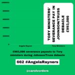 Carol Vorderman Instagram - How many Angela Rayner Units in a Tory? One Angela Rayner unit relates to what the Tories claim she may owe in Capital Gains Tax on a house she bought in 2007. Her legal and tax advisers say she doesn't. That hasn't stopped the Tory press banging on about it tho. With Tory hypocrisy reaching explosive levels, I thought it would be a good exercise to see how this claim of theirs relates to just some of their waste, fines and dodgy dealings. £7,897 Boris Johnson booze bill for his Brexit party Jan 31st 2020 5 #AngelaRayners £15,000 Liz Truss in-flight catering on one private jet single trip to Australia 10 #AngelaRayners £34,000 Libel Bill - Michelle Donelan got us to pay after she libelled an academic 23 #AngelaRayners £61,000 fine for Vote Leave breaking Electoral Law. MD Matthew Elliott given a peerage 41 #AngelaRayners £67,801 illegal donation (broke Electoral Law) for Boris Johnson’s flat refurbishment 45 #AngelaRayners £334,803 spent by Foreign Office in 2021 on alcohol alone 223 #AngelaRayners £370,000 paid out for Priti Patel bullying Philip Rutnam. She bullied. We paid. 247 #AngelaRayners £993,086 severance payouts to Tory ministers during Johnson/Truss debacle Some had only been in office a matter of days or weeks but were due taxpayer funded payouts anyway 662 #AngelaRayners £2,000,000 for 8 by-elections caused by Tories bad behaviour/quit under Rishi Sunak 1,333 #AngelaRayners £40,000,000 VIP helicopter contract which Ben Wallace was cancelling. Sunak intervened and kept it 26,667 #AngelaRayners £65 million PPE estimated profit for Michelle Mone and husband under investigation by the National Crime Agency 43,333 #AngelaRayners £4 BILLION wasted on unusable PPE 2,666,667 #AngelaRayners @carolvorders (all numbers rounded)