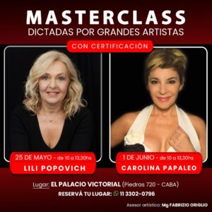 Carolina Papaleo Instagram - 🎭 *Masterclass  dictadas por grandes actrices* 🎭

📃 Masterclass a cargo de la actriz Lili Popovich orientada a “Los actores frente al espejo”

📆 Sábado 25 de Mayo de 10h a 13,30h

📃 Masterclass a cargo de la actriz Carolina Papaleo orientada a “Los actores frente al personaje”

📆 Sábado 1 de Junio de 10h a 13,30h

📜 con certificación 

💰 Tomá 1 clase por $15.000 y las 2 clases por $25.000
(Consulta precio por grupos)

🏠 LUGAR: Palacio Victorial, dirección  Piedras 720 - San Telmo

💳 El pago es online podes abonar por mercado pago y transferencia bancaria.

📲 Reserva tu lugar al WhatsApp 11 3302-0796

#masterclass #actrices #actuacion #personaje #texto