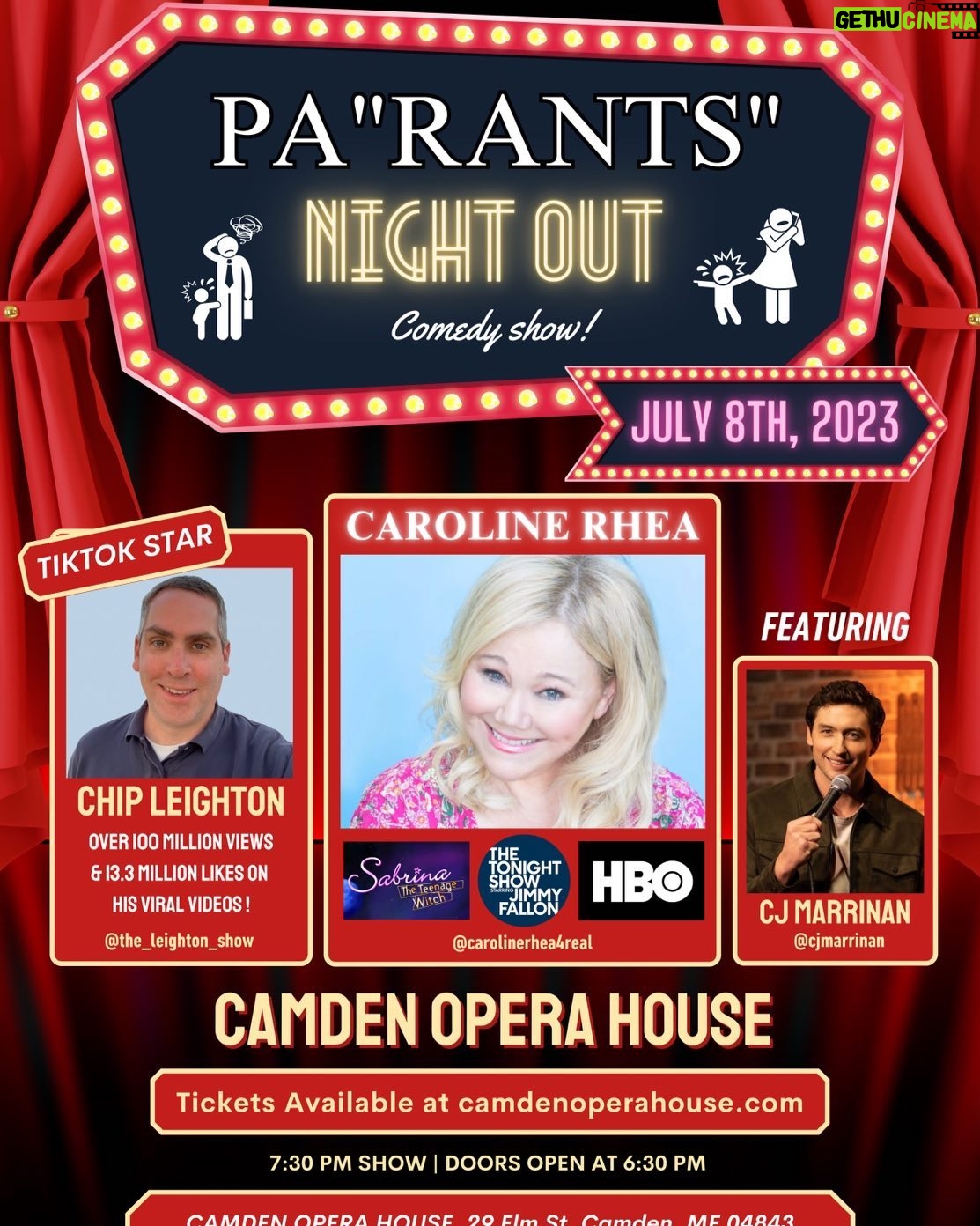 Caroline Rhea Instagram - I’m so excited to be joining forces with the hilarious @cjmarrinan and @the_leighton_show CHIP LEIGHTON Everyone’s hilarious so come see us @camdenoperahouse on July 8th Tickets on website link in bio. See you there. Love, Caroline. #standupcomedy #parents #camdenmaine #funny #sabrinatheteenagewitch #aunthilda