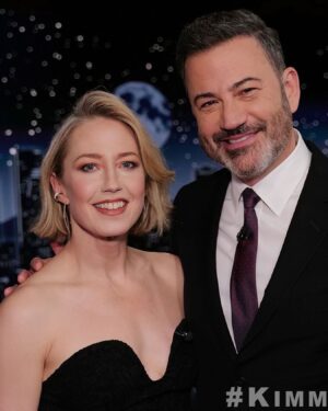 Carrie Coon Instagram - Last night on @jimmykimmellive:
Styling @alicialombardini 
Make-up @adambreuchaud 
Hair @kyleeheathhair 
Dress @marahoffman 
Shoe @gianvitorossi 
Cuff @leonyvonne 
Earrings @ritiquejewelry 
Rings @lionheartjewelry 
Anklet @rachbjewelry