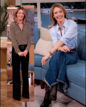 Cat Deeley Instagram - Wrapping up this week in style (while also beginning the weekend with a messy bun and yesterday’s mascara) 🤣🤷‍♀️💅💋 #CatsCloset @ThisMorning

Monday
Jacket/Skirt - @MrSelfPortrait 
Shoes - @RiverIsland

Tuesday-
Boots - Vintage @Prada (Cat’s Own)
Top - VB at @Mango
Skirt - @RaeyOfficial (Cat’s Own)
Belt - @Zara

Wednesday
Jacket / Pants - @Reiss
Camisole - @AnineBing (Cat’s Own)
Shoes - @StuartWeitzman (Cat’s Own)
Belt - @Zara

Thursday 
Shirt - @Boden_Clothing (Cat’s Own)
Trousers - Vintage @Versace (Cat’s Own)
Belt - @AnineBing (Cat’s Own)
Boots - @GiuseppeZanotti (Cat’s Own)

Photos © @KenMcKayPhoto / ITV / Shutterstock