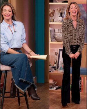 Cat Deeley Instagram - Wrapping up this week in style (while also beginning the weekend with a messy bun and yesterday’s mascara) 🤣🤷‍♀️💅💋 #CatsCloset @ThisMorning

Monday
Jacket/Skirt - @MrSelfPortrait 
Shoes - @RiverIsland

Tuesday-
Boots - Vintage @Prada (Cat’s Own)
Top - VB at @Mango
Skirt - @RaeyOfficial (Cat’s Own)
Belt - @Zara

Wednesday
Jacket / Pants - @Reiss
Camisole - @AnineBing (Cat’s Own)
Shoes - @StuartWeitzman (Cat’s Own)
Belt - @Zara

Thursday 
Shirt - @Boden_Clothing (Cat’s Own)
Trousers - Vintage @Versace (Cat’s Own)
Belt - @AnineBing (Cat’s Own)
Boots - @GiuseppeZanotti (Cat’s Own)

Photos © @KenMcKayPhoto / ITV / Shutterstock