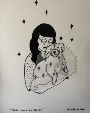 Catherine Ethier Instagram - Ce matin, je suis passée chez @cool.cadre récupérer les deux œuvres les plus douces à mon deuil. Je vous conseille mille fois de la visiter, c’est une artiste immensément talentueuse et sensible. Elle m’a tout de suite saisie.

La première m’est arrivée du cœur de @murieldemai_tattoo qui m’a offert cette illustration brodée que j’ai encore du mal à regarder sans pleurer. Stella, en filigrane, cousue à moi avec un fil doré, dans un encadrement de dentelle métallique vintage. La deuxième, un print de @mars_black véritable négatif de cette seconde précise où le Boubou a fermé ses petits yeux au lait pour la dernière fois. Les couleurs de l’améthyste me feront toujours penser à ma grosse fille. Demandez-vous pas pourquoi j’ai choisi ces barniques-là.

Merci, Muriel 💜✨🐩