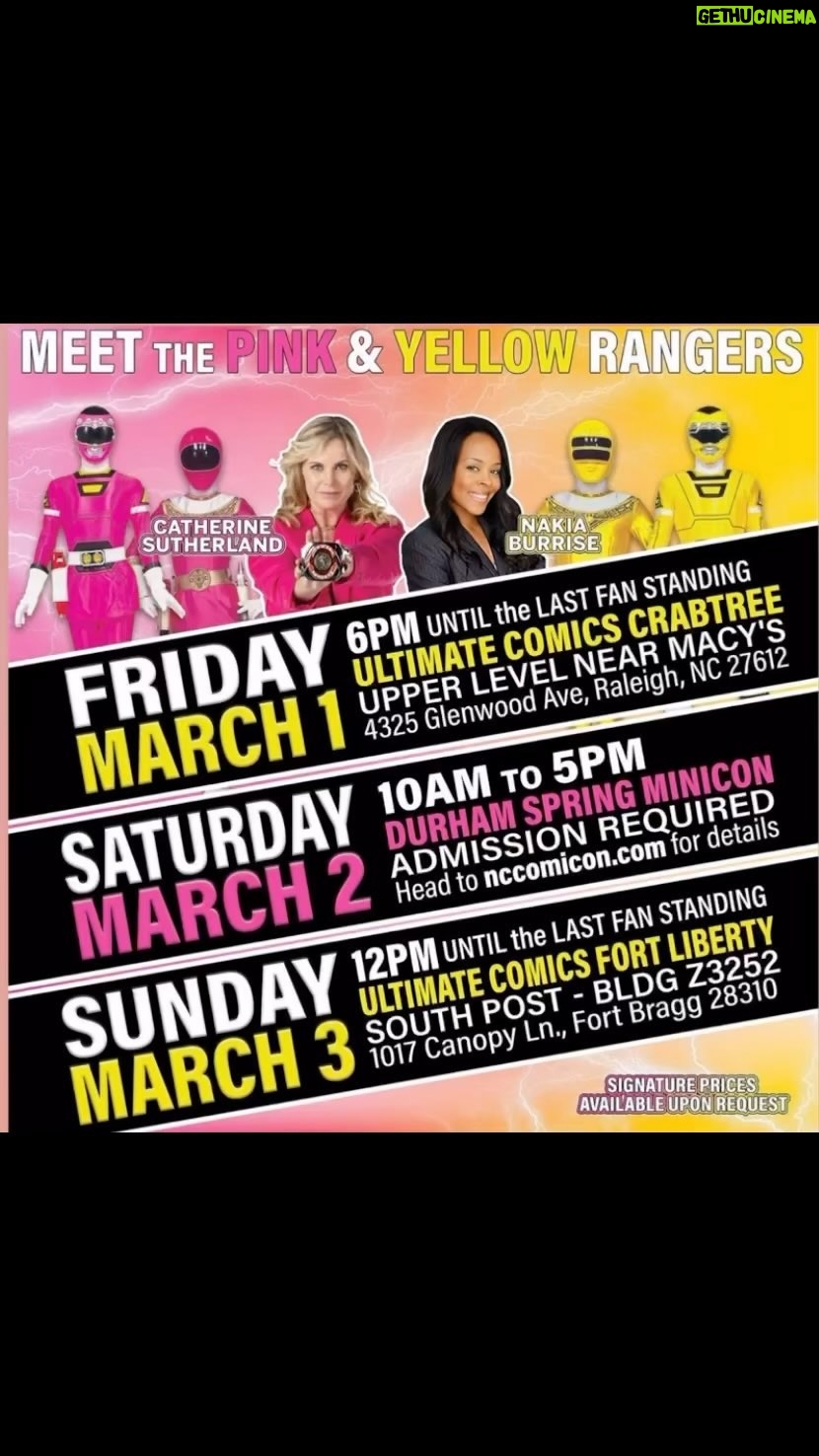 Catherine Sutherland Instagram - 🎉 We’ll see you in North Carolina in March🎉 We’ll have autographed pictures, limited edition trading cards, selfies, T-shirts and so much more. You can also bring your own items to be autographed. Morph with us! See you soon! Friday March 1st Ultimate Comics Crabtree 6 PM until the last fan standing (store closes at 9) 4325 Glenwood Ave Upper Level Macy’s Raleigh, NC 27612 984-200-7484 Saturday March 2nd Durham Mini Con 10 AM to 5 PM Durham Armory 212 Foster St Durham NC 27701 Sunday March 3rd Ultimate Comics Fort Liberty 12 PM to the last fan standing South Post Exhange BLDG Z3252 1017 Canopy Lane , Fort Bragg, NC, United States, North Carolina #powerrangersplayback #prp #prpwebsite #yellowpowerranger #pinkpowerranger #catandnakia #nakiaandcat #powerrangers #powerrangerszeo #henrydangerforce #dangerforce #mightymorphinpowerrangers #powerrangersturbo #funny #friendship #superchatpodcsstwithcatandnakia #superchatpodcast #yellowpowerranger #pinkpowerranger #yellowranger #pinkranger #powerrangers #nakiaburrise #thatgirlnakia #catherinesutherland #instagood #backtobridgewood