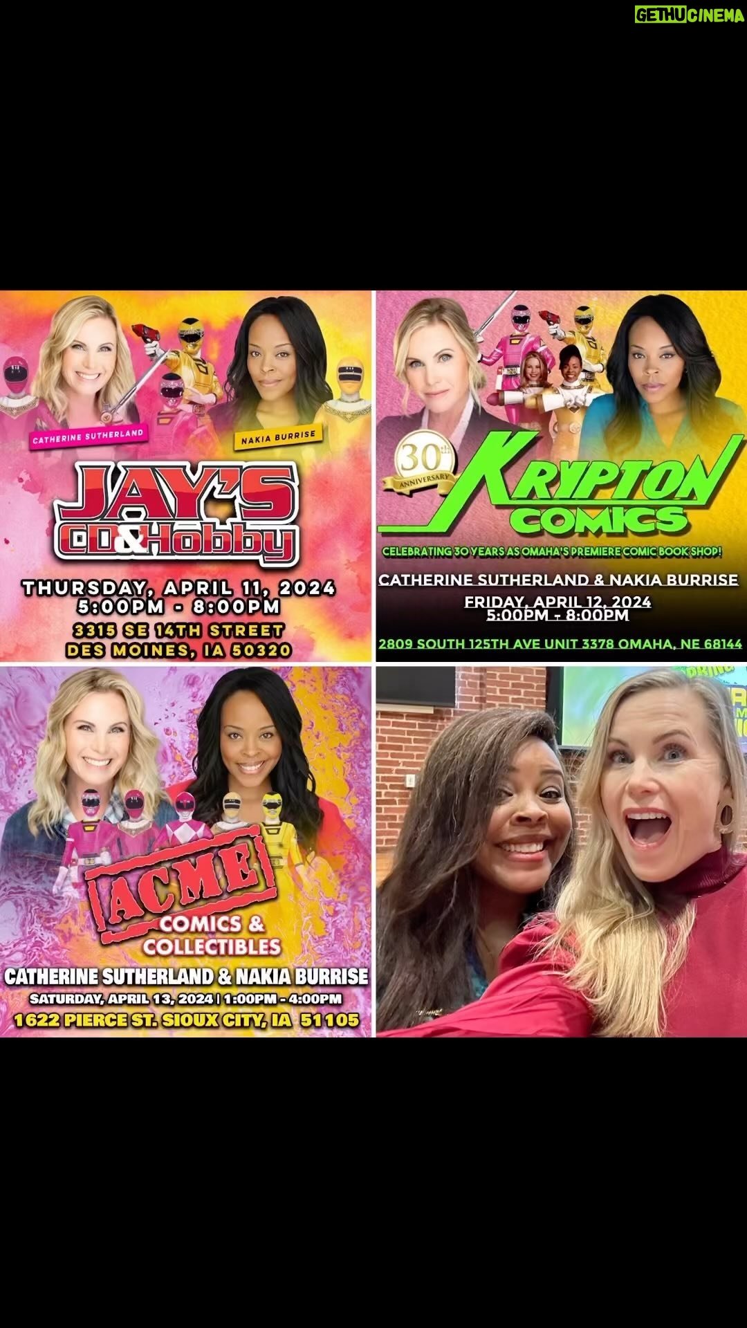 Catherine Sutherland Instagram - #sneakpeekmonday April is right around the corner! We will be in Iowa and Nebraska April 11-13! ➡️Thursday,April 11th 5-8pm @jayscdandhobby in Des Moines, Iowa ➡️ Friday, April 12th 5-8pm @krypton.comics in Omaha, Nebraska ➡️Saturday, April 13th 1-4pm @acmefirst in Sioux City, Iowa this is our first two are in this area and was so excited to meet all of our fans. It’s Morphin time!!!! #powerrangersplayback #superchatpodcast #superchat #spreadjoy #powerrangers #superchatwithcatandnakia #mmpr #zeo #turbo #pinkranger #catherinesutherlandiaburrise #girlpower #liftupothers #laugh #love #instagood #joyrevolution #friendship #catandnakia #encourage #empower #inspire #pinkranger #yellowranger #nakiaandcat #youtubechannel