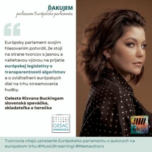 Celeste Buckingham Instagram - Thank you to the European Parliamentary members for their support of continued and improved protections in place for EU songwriters. Safeguarding composers rights is key to a sustainable future for european musical culture. 
Chceme sa poďakovať našim europoslancom, ktorí podporili nové zákony týkajúce sa zlepšenia ochrany práv pre skladateľov. Tým zapezpečili lepšiu budúcnosť pre tvorcov po celej EU a vačšiu viditeľnosť pre europských tvorcov. #soza #europskaunia #europeancommision #streaming