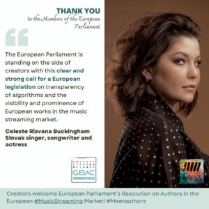 Celeste Buckingham Instagram - Thank you to the European Parliamentary members for their support of continued and improved protections in place for EU songwriters. Safeguarding composers rights is key to a sustainable future for european musical culture. 
Chceme sa poďakovať našim europoslancom, ktorí podporili nové zákony týkajúce sa zlepšenia ochrany práv pre skladateľov. Tým zapezpečili lepšiu budúcnosť pre tvorcov po celej EU a vačšiu viditeľnosť pre europských tvorcov. #soza #europskaunia #europeancommision #streaming