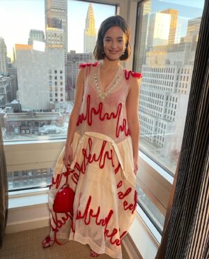Celine Buckens Instagram - The 50th International Emmy Awards ❤️ @iemmys 

Dress and bag simonerocha @dhpr_london 
Shoes @gianvitorossi 
Earrings @completedworks 
Bralette @agentprovocateur 
Makeup @christopherardoff 
Hair @thomasdunkin1
Nails @jada_nailslondon 

And big thanks always to @styledby_rap and @dobbscld ❤️❤️❤️