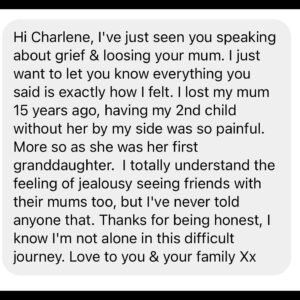 Charlene White Instagram - Blown away by so many messages about today’s @loosewomen… the emotions took me by surprise as I was talking. But I guess that’s the point really, grief can hit without warning. And I’m pleased so many of you understood and could emphasise with the feelings of jealousy.

And thanks to my Loose family for all the hugs in the ad break ❤️. Talking honestly and openly is what we do, and I hope it helps with anyone also on this crazy grief journey xx
