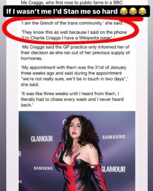 Charlie Craggs Instagram - #TheGrinchOfTheTransCommunity #IHaveAWikipedia #CharlieCraggs #Famous