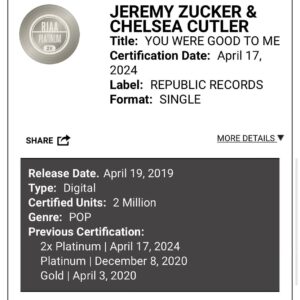 Chelsea Cutler Instagram - what in the world. double platinum. brent forever <3