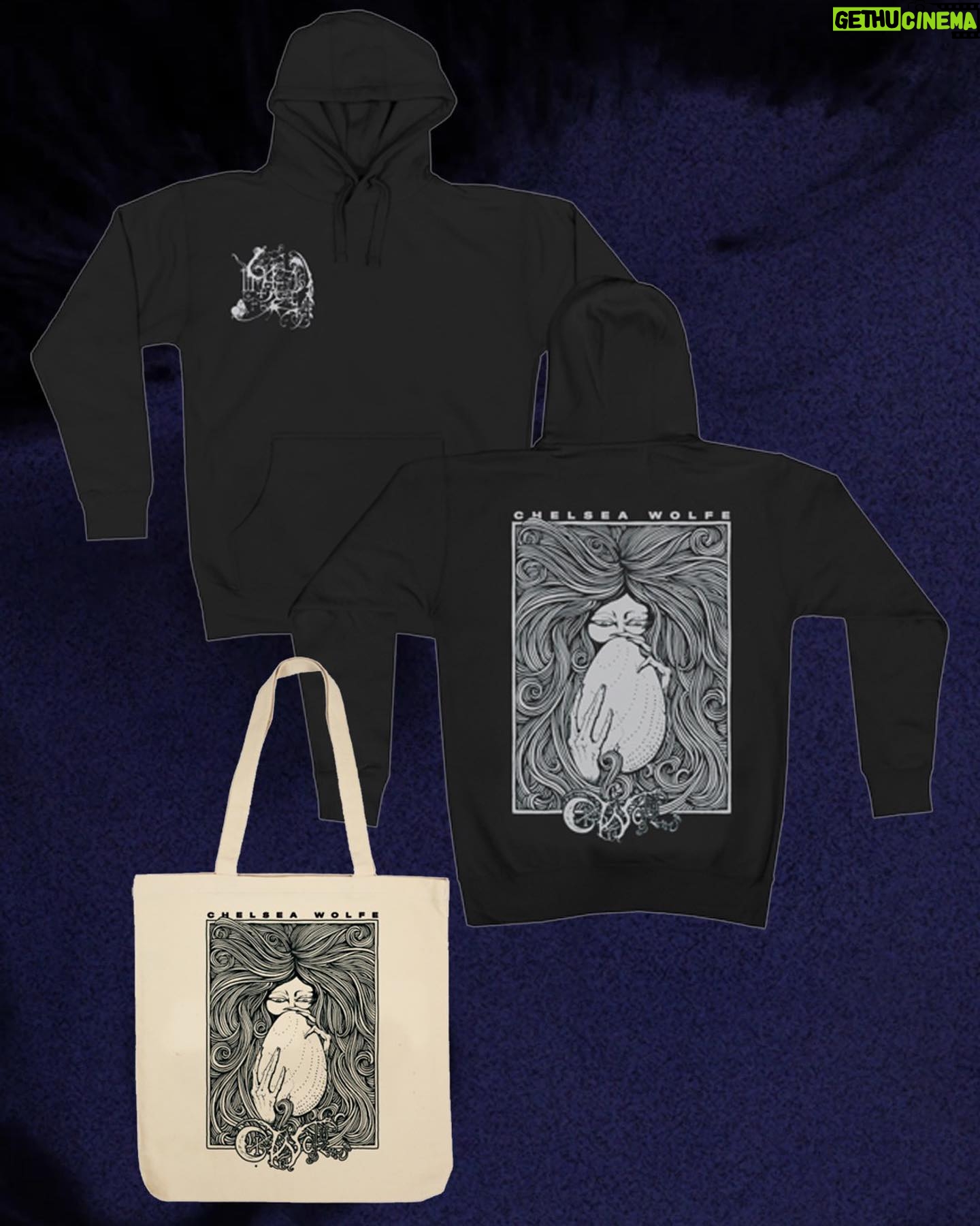 Chelsea Wolfe Instagram - lots of new things in my @merchtable shop! new designs & artwork by @karmazid š„ new hoodies, tote bag, black sand hourglass, & more. some pieces available in my EU @evil_greed shop too. links in bio. š¤