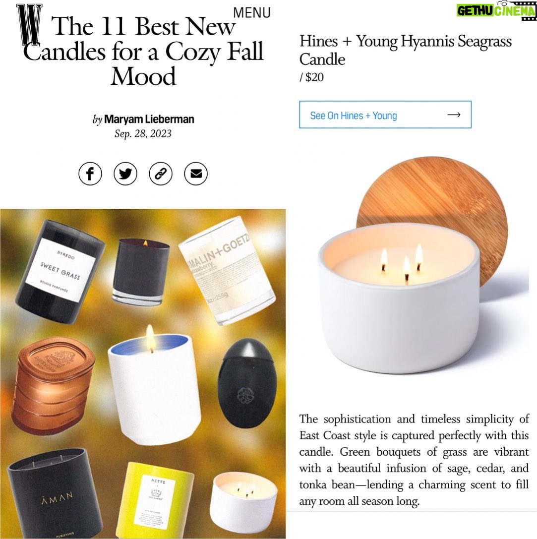 Cheryl Hines Instagram - Thank you Maryam for featuring hines young in @wmag 🥰🧡 Our 3-wick candles are perfect to warm up your space & embrace the Fall vibes🍂 So many beautiful luxury candles on this list, but if you’re looking for affordable luxury we have you covered! ❣️ #SoyCandles #FallVibes #WMag #VeganCandles #cleanliving #fallcandles