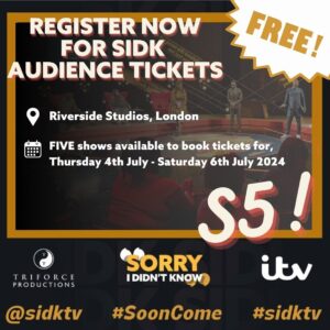Chizzy Akudolu Instagram - 🎉 Exciting News! 🎉

TriForce Productions’ ‘Sorry, I Didn’t Know’ will RETURN on ITV and you can join us for an incredible filming experience at Riverside Studios in Hammersmith 🙌✨ 

Back for Season 5, you can now book tickets to be in the audience! 🌟

📅 Join for filming at Riverside Studios, London, with shows at various times from Thursday, 4th July to Saturday, 6th July 2024. We have FIVE shows lined up, and you don’t want to miss out!

📍 Location: Riverside Studios, 101 Queen Caroline Street, Hammersmith, London W6 9BN

Get ready to laugh and learn as we continue to uncover Black history with our amazing host Jimmy Akingbola, team leaders Chizzy Akudolu and Eddie Kadi, and incredible guest stars🎤✨

🎟️ Tickets are FREE! 🎟️

Our audience will be seated cabaret-style, with seats allocated on a first-come, first-served basis. 

Book your tickets now and be part of this incredible show! Click on the link to find out more and book 🔗 https://buff.ly/45ozCGy 

#sidktv #SoonCome #BlackHistory #ComedyPanelShow #TriForceProductions #JimmyAkingbola #ChizzyAkudolu #EddieKadi #FreeTickets #LondonEvents