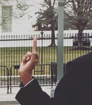 Christine Adams Instagram - This came up on my “memories” today.  Seems appropriate and may also qualify for the longest bird in history.
 NB I made my then 12yr old take this pic. 💙💙💙 💋#weflippedthesenate #2017 #mumoftheyear #impeachedtwice