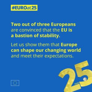Christine Lagarde Instagram - The first 25 years of the euro have shown us how successful a dream can be.

Our joint opinion piece appears in newspapers across Europe today.

In it we argue that our work is not done. As the world changes around us, we must work together as a united Europe to provide the solutions needed to face future challenges.

Swipe left to read some of the key messages from it.