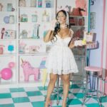 Cinthya Carmona Instagram - 🐰 🍭🎀 . . Photo: @daradanen Styling: @bianca_agrusa Makeup: @_nicquelxoxo Hair: @autumnrosehair . . Dress: @forloveandlemons Shoes: @billinishoes Gloves: @gasolineglamour Jewelry: @bettybonesco