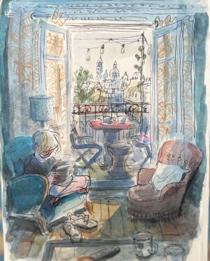 Claire Keane Instagram - Le farniente à Paris dans l’appartement charmant de @camille.froidevauxmetterie et @lespetitsmales_lefilm

.
.
#watercolorsketch
#watercolorsketching
#watercolorpainting
#watercolorartwork #watercolorjournal
#watercolorandink #onesketchaday
#sketchoftheday
#drawingfromobservation
#observationaldrawing
#drawingfromlife #lifedrawing
#draweveryday #sketch #sketchbook
#illustratorsofinstagram 
#illustratorsoninstagram
#drawingfromobservation
#drawyourday #coloryourday
#illustratedjournal #sketchjournal
#lineandwash #penandwatercolor 
#sacrecoeur #parisfrance #farniente #illustrator #illustration #animationart #visualdevelopmentartist