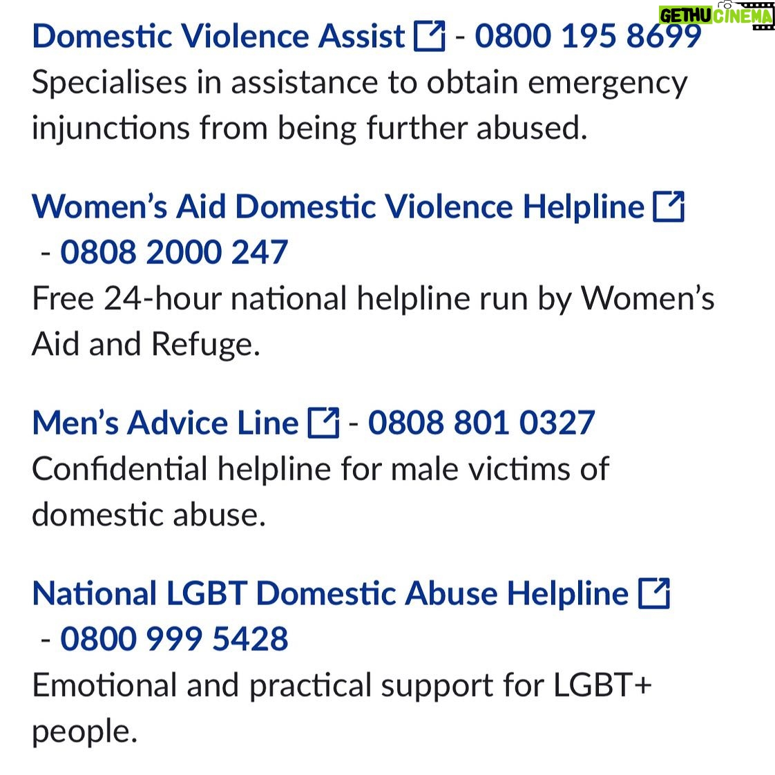 Claire Forlani Instagram - Any kind of domestic abuse please reach out and get help. Here are numbers you can call.