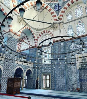 Clare Waight Keller Instagram - Post Tokyo - a quiet trip away to beautiful Istanbul 🩵 some of the things I loved from a couple of weeks ago 

1. Best way to see the city - A quick snapshot from the tram that runs over the Bosphorus 
2. Hidden in a tiny alleyway stunning blue tiled Mosque
3. Unexpected lushness of tiles and rich carpet 
4. Rooftops
5. Marbled courtyards 
6. Incredible ancient underground waterways at the Basilica
7/8/9. Harem dream
10. The cat’s eye