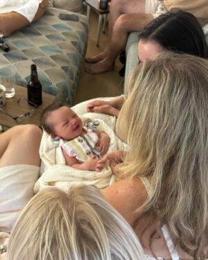 Cleo Massey Instagram - Our first week with Indigo 🌼💜
1. My latest fav photo. Luke was born to be a girl Dad. 💕
2. Little koala squish. Been soaking up these cuddles. 🐨
3. Crumpet taking big sister duties very seriously. (She is so gentle and curious, it’s very cute.) 
4. Still so cute when sad. 🤣
5. First cafe outing was had! And was a success.
6. Caught her smiling. 🥹
7. First fam photo on Easter Sunday 🐣
8. Another smile, you are so loved baby Indi! 
9. Two day post birth sushi platter from . Absolutely guzzled it. 🍱