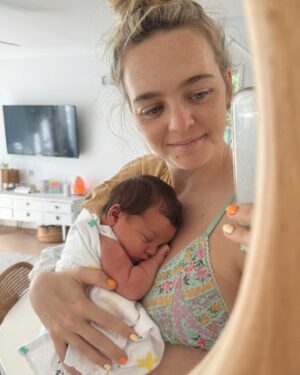 Cleo Massey Instagram - Our first week with Indigo 🌼💜
1. My latest fav photo. Luke was born to be a girl Dad. 💕
2. Little koala squish. Been soaking up these cuddles. 🐨
3. Crumpet taking big sister duties very seriously. (She is so gentle and curious, it’s very cute.) 
4. Still so cute when sad. 🤣
5. First cafe outing was had! And was a success.
6. Caught her smiling. 🥹
7. First fam photo on Easter Sunday 🐣
8. Another smile, you are so loved baby Indi! 
9. Two day post birth sushi platter from . Absolutely guzzled it. 🍱