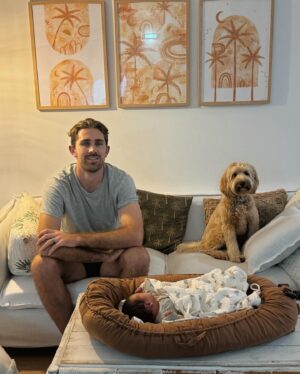 Cleo Massey Instagram - Our first week with Indigo 🌼💜
1. My latest fav photo. Luke was born to be a girl Dad. 💕
2. Little koala squish. Been soaking up these cuddles. 🐨
3. Crumpet taking big sister duties very seriously. (She is so gentle and curious, it’s very cute.) 
4. Still so cute when sad. 🤣
5. First cafe outing was had! And was a success.
6. Caught her smiling. 🥹
7. First fam photo on Easter Sunday 🐣
8. Another smile, you are so loved baby Indi! 
9. Two day post birth sushi platter from . Absolutely guzzled it. 🍱