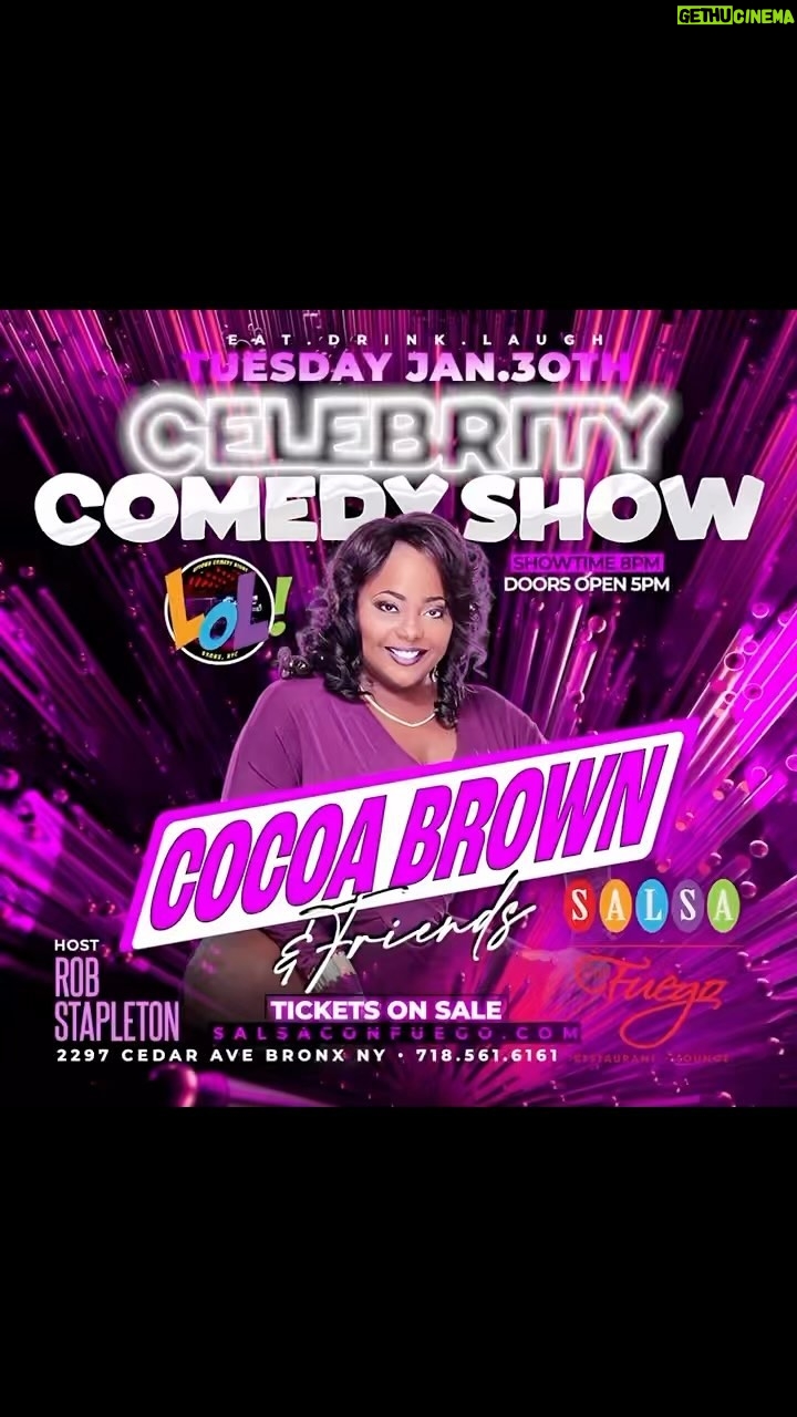 Cocoa Brown Instagram - 😂 Cocoa Brown & Friends 🍿 Celebrity Comedy Show Tuesday Jan 30th 🎤 at Salsa Con Fuego 🔥 Get Tickets 🎟️ Eat Drink Laugh‼️ 718-561-6161 salsaconfuego.com