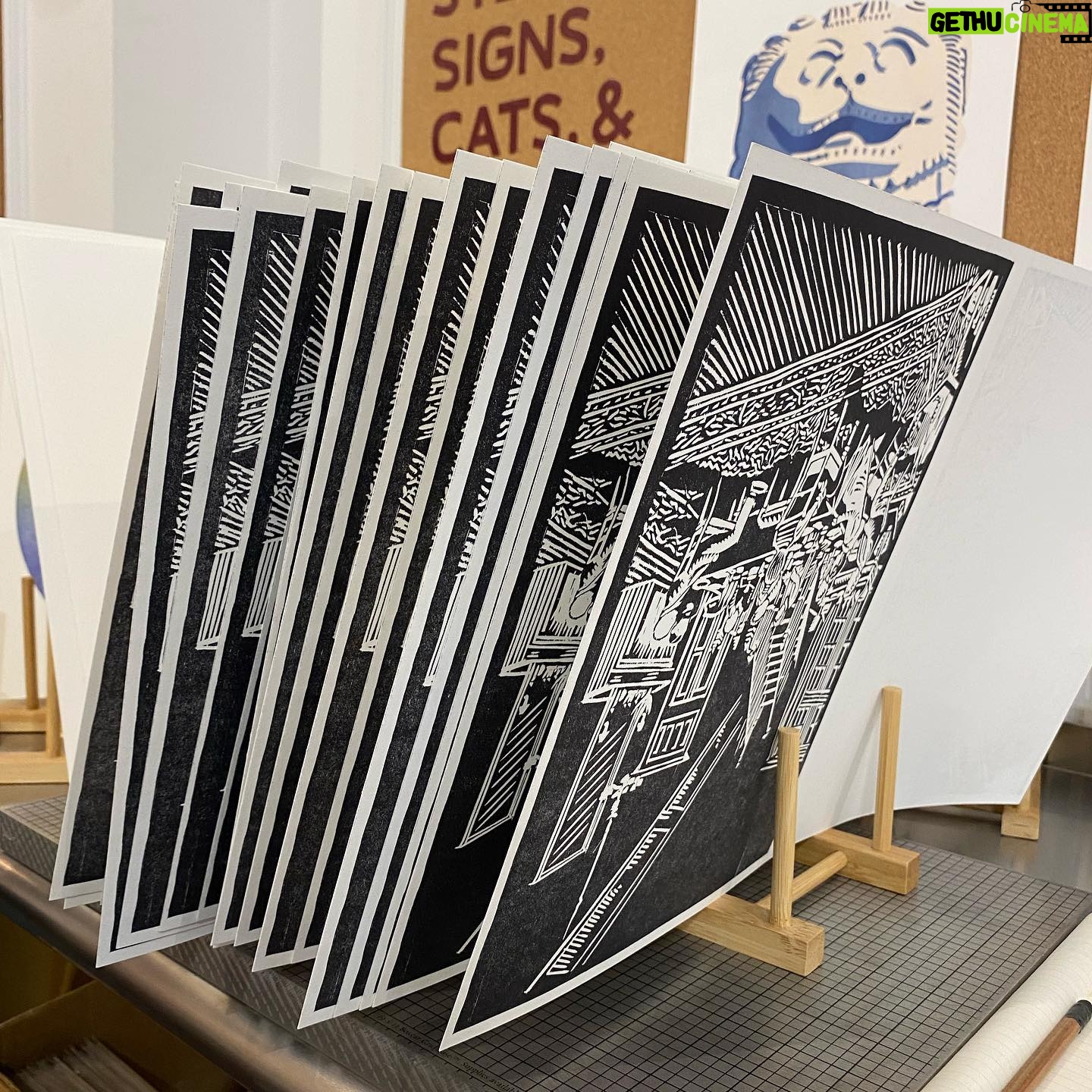 Colby Minifie Instagram - Woodcut process for Epiphany at @lctheater. I try to make one for every play I do and at some point in the process I inevitably think I’m a total nut job but people seem to enjoy it. This time I printed the editions on a letterpress with my buddy @archie_archambault at his shop @archiespress with expert @cyborgrrrl. Check out the shop on E 10th st it’s wonderful. And peep @playbill this week, they wrote a little something about it :) 🪵🪓