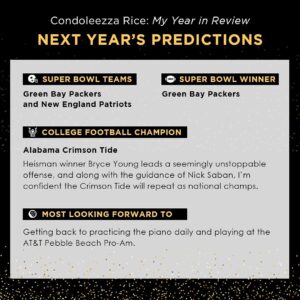 Condoleezza Rice Instagram - As we look to ring in the New Year, here is a look back at some of my favorites from this year, as well as a few predictions for 2022. 

Wishing you all a happy and healthy New Year!