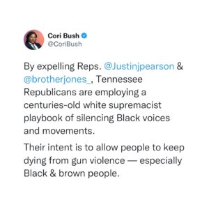 Cori Bush Instagram - Jody Barrett
Rush Bricken
Mike Sparks
Lowell Russell
Sam Whitson

These five Tennessee GOP Representatives woke up yesterday and chose to send a blatant and public message: white supremacy & fascism over our kids' lives & democracy.