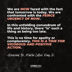 Cori Bush Instagram - I’m reminded of what Dr. King called the Triple Evils: racism, poverty, & militarism.

It is in that spirit that we call for a #CeasefireNOW, with an emphasis on now, because tomorrow is today.