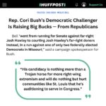 Cori Bush Instagram - When you’re backed by AIPAC, there’s nothing you won’t compromise on for a MAGA check. Just ask @coribush’s opponent and his Josh Hawley megadonors.