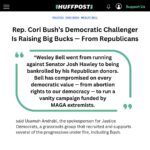 Cori Bush Instagram - When you’re backed by AIPAC, there’s nothing you won’t compromise on for a MAGA check. Just ask @coribush’s opponent and his Josh Hawley megadonors.