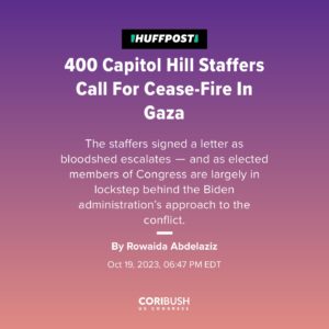 Cori Bush Instagram - I applaud the courageous Muslim and Jewish congressional staffers who led a letter calling for a #CeasefireNOW.

I’m aware of the risk you’re taking to stand on the right side of history.

I see you. We see you. You are loved, valued & appreciated.
