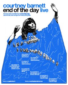 Courtney Barnett Instagram - Announcing some intimate shows to celebrate the release of End Of The Day. The first half of the show will be instrumental, and the second half will be a solo selection of songs from the back catalogue. Pre-sale starts at 10am local on Wednesday 12th July. Sign up at the link above for first access to tickets 💚💙 Artwork by @sebi.white