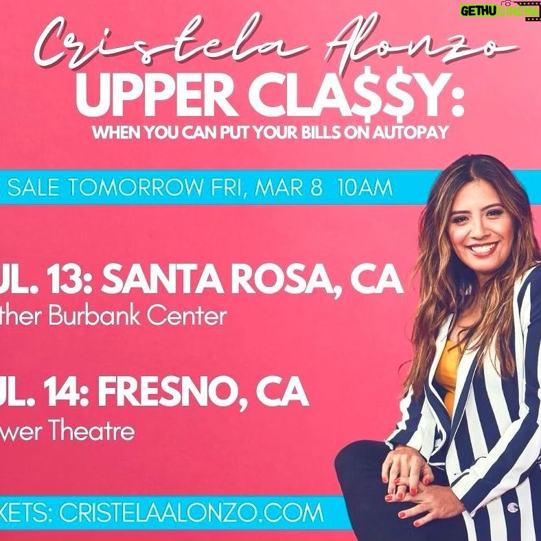 Cristela Alonzo Instagram - THESE CITIES GO ON SALE TOMORROW! FRIDAY, MARCH 8 AT 10 AM! Jul 13: Santa Rosa, CA Jul 14: Fresno, CA I haven’t visited these cities in years and I’m FINALLY coming back as part of my #UpperClassy tour. Tickets will be available tomorrow at my website (cristelaalonzo.com)! Link tomorrow in bio!