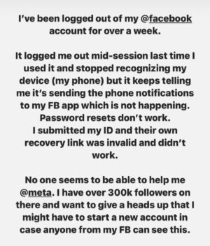 Cristela Alonzo Instagram - Trying to get back into my @facebook account after it stopped recognizing my device but still says it recognizes it is frustrating. I’ve done 13 password resets, submitted my ID to prove it was me (I HATED doing that) and their own link from the email that said I could log in isn’t working. Oh @meta….