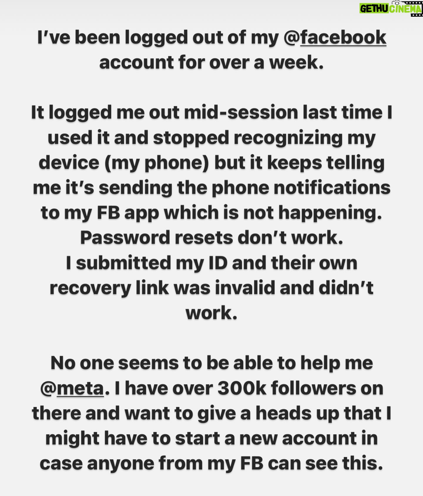 Cristela Alonzo - 2.6K Likes - Trying to get back into my @facebook account after it stopped recognizing my device but still says it recognizes it is frustrating. I’ve done 13 password resets, submitted my ID to prove it was me (I HATED doing that) and their own link from the email that said I could log in isn’t working. Oh @meta….