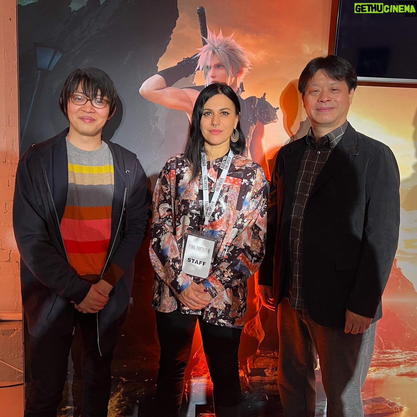 Cristina Scabbia Instagram - #finalfantasyviirebirth event unlocked ✅ It was so great to meet Yoshinori Kitase and Naoki Hamaguchi (producer and director of Final Fantasy VII rebirth)! I am SO ready for this game! FFVII is one of my fave games EVER…February 29th can’t come soon enough. And hey, I think my @yoshitaka_amano buttoned up shirt was PERFECT for the event, today 🖤 @squareenix #finalfantasy #finalfantasyviirebirth #finalfantasyVII