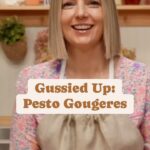 Damaris Phillips Instagram - Have you ever made gougeres? Watch the full episode of how to make these babies on YouTube now! Pesto Gougeres (cheese puffs) INGREDIENTS: 1 cup whole milk 8 Tbsp (4 oz) unsalted butter 1 tsp kosher salt 1 cup (5 oz) all-purpose flour or 4 large eggs 1 cup (4 oz) gruyere or Parmesan, shredded 1/8 cup pesto 2 tsp freshly ground black pepper Parmesan or Gruyere cheese, shredded or grated for sprinkling   Method: Preheat oven to 425 degrees F. whole milk and butter and salt in pan until boil. Add flour and stir to panade forms, pulls away and is smooth. Using a hand or stand mixer with paddle attachment, add eggs 1 at a time. Add the cheese, pesto and pepper and mix by hand to fold in the ingredients. Using 3/4 1 ounce portion scoop, scoop onto parchment lined cookie sheet. Sprinkle with cheese. Bake in preheated oven for 15 minutes, then lower the oven temp to 350 and cook for another 15-20 until the pastries have puffed up and have browned in color. When you remove them from the oven use a skewer poke a vent hole in the side to release the stream to prevent deflating.