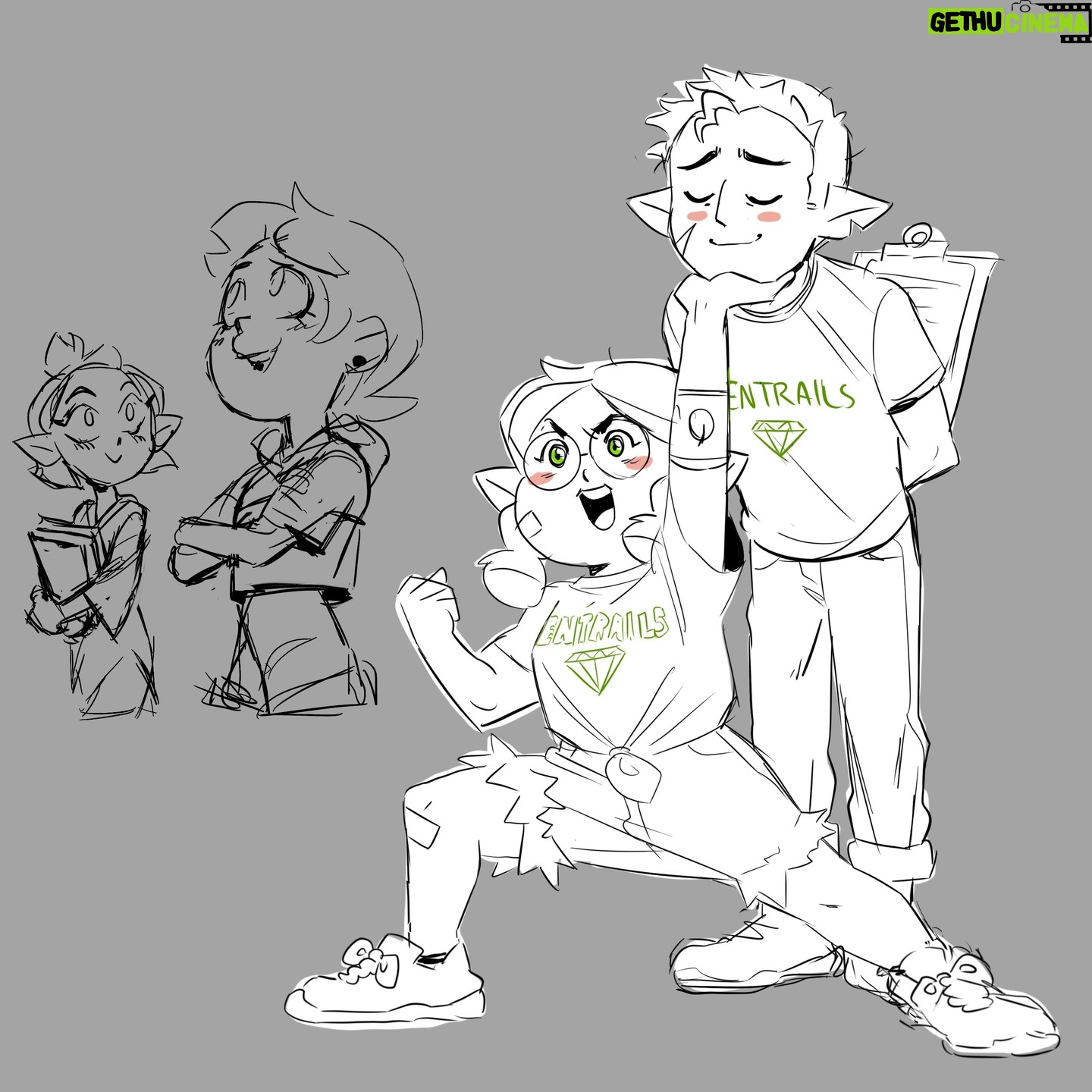 Dana Terrace - 177.4K Likes - Merry Christmas, have some never before seen #TheOwlHouse sketches! 1) Doodling to get myself in the headspace for Watching and Dreaming post retakes. 2) Gus and Hunter human realm clothes while we were writing Thanks to Them. 3) First ever sketch of the Collector. He changed so much!! I much prefer his final design but this version will always hold a place in my heart. 4) Just sketching cute stuff for fun. 5) First sketch of Huntlow when we started developing their relationship.
That's all for now byyyyeeeeee!