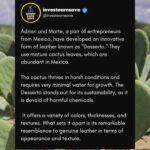 Daniela Escobar Instagram - Esses dois criaram um “couro” a partir do cactus, salvando a vida de 1 bilhão de animais que seriam mortos para a indústria da moda. Cactus não precisa de muita água, é uma planta bastante resistente e o material derivado de suas folhas mais maduras oferece espessuras e texturas diferentes, o que também permite uma variedade de cores para o produto final. Palmas para Adrian e Marte.👏🏻👏🏻👏🏻👏🏻👏🏻